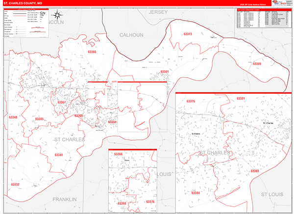 St. Charles County Wall Map Red Line Style